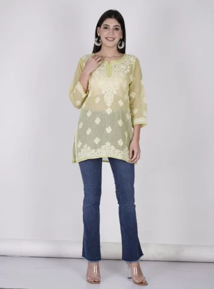 Pure Kota Cotton Chikankari Short Kurti for jeans